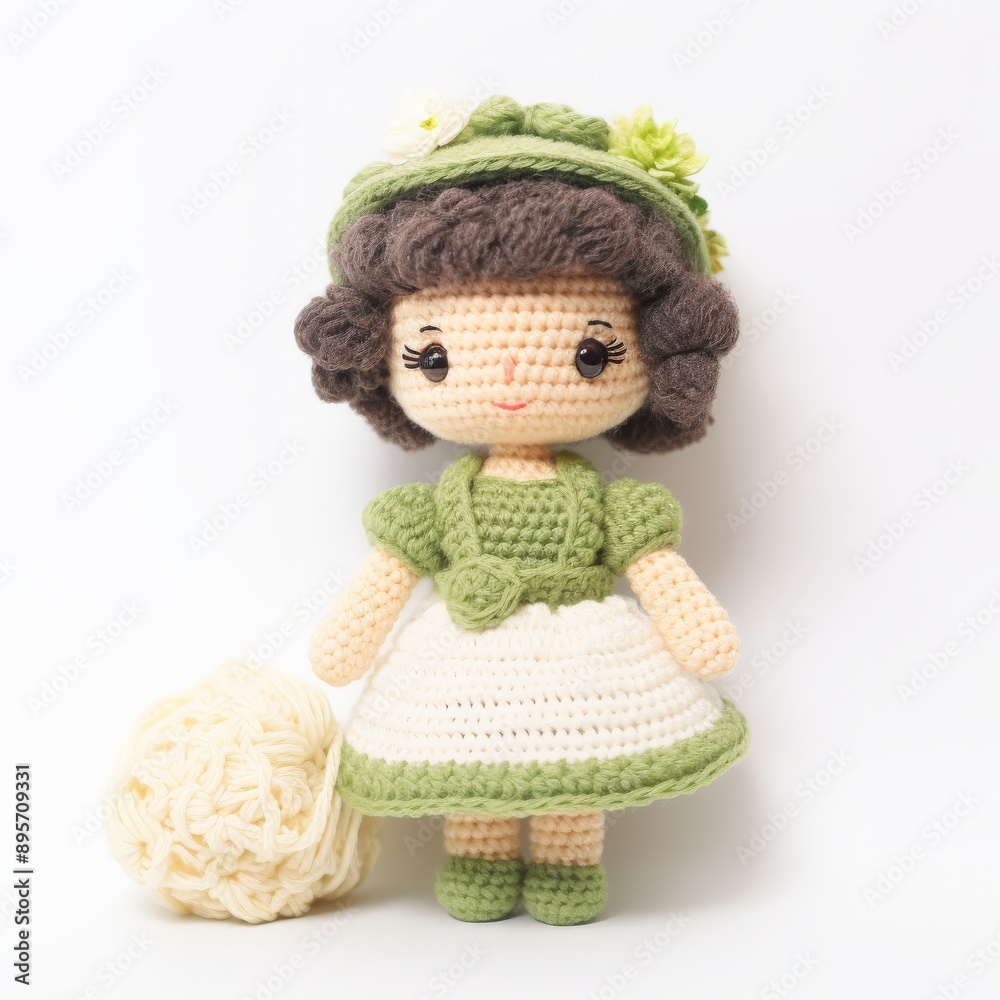 Wall mural A crocheted doll in a green dress and hat, standing on a white background