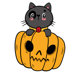 Black Cat Wizard Hugging Pumpkin - Happy Halloween Vector Illustration and Clipart.

