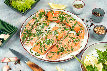 Fresh marinated salmon fish.