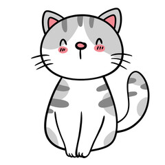 Happy Sitting White Cat with Gray Stripes - Vector Illustration and Clipart.

