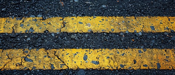 An image of an old asphalt road with faded yellow lines, devoid of traffic or people, highlighting the worn surface and weathered markings under a clear, possibly blurry sky.