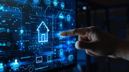 Hand points at computer screen showing house image surrounded by icons.