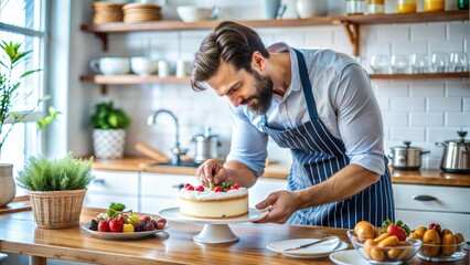 Man Baker Decorating Cake in Cozy Kitchen