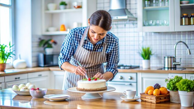 Woman Baker Decorating Cake in Cozy Kitchen