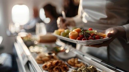 An airplane crew member serves a meal to passengers aboard a flight. The image highlights food service, hospitality, and the inflight passenger experience within an aircraft cabin.