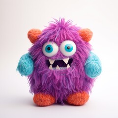 A fluffy purple monster doll with bright blue eyes smiles on a white background