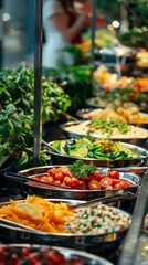 Fototapeta premium Colorful buffet with a variety of vegetables including sliced tomatoes, carrots, zucchini, cucumbers, spinach and broccoli. A welcoming environment with warm lighting and a man in a white shirt