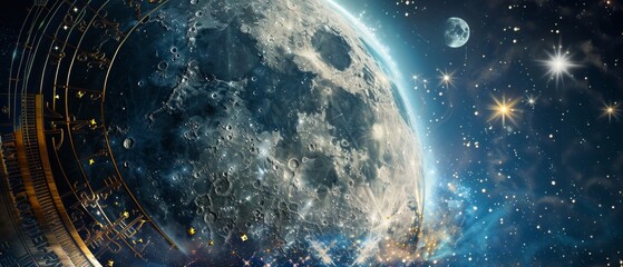 Artistic space scene with Earth, moon, stars and binary code. The Earth is depicted blue with features, the moon is dark with a gray center, and the golden binary code is on the left.