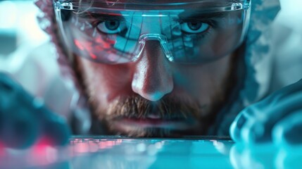 A scientist wearing gloves and a lab coat works diligently with advanced scientific equipment, emphasizing precision and care in a high-tech laboratory setting.