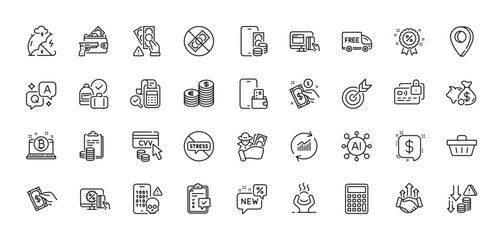 Currency, Pay money and Cyber attack line icons pack. AI, Question and Answer, Map pin icons. Checklist, Free delivery, Accounting web icon. Bitcoin, Bill accounting, Discount pictogram. Vector