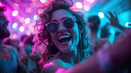 A woman is enjoying a lively party with vibrant neon lights, wearing stylish sunglasses and exuding joy and excitement in the energetic atmosphere.