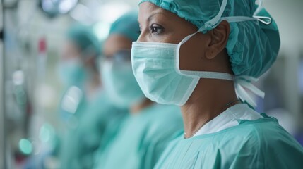 A close-up of a surgeon wearing a surgical cap and mask, concentrated on a medical procedure in a hospital's operating room, representing focus and precision in healthcare.