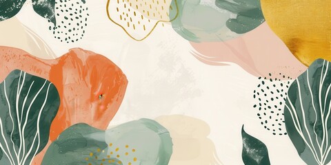 Fototapeta premium Abstract botanical illustration with orange, green, and yellow organic shapes, foliage, and dots on a light background. Modern and artistic design, ideal for backgrounds, invitations, and decor. 