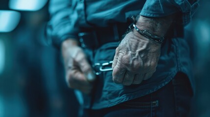 Close-up image of a person's hands placed behind their back in handcuffs, set against a blue-lit background, indicating detention or restraint.