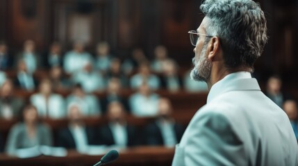 A man standing at a podium delivers an engaging speech to a large and attentive audience, capturing the essence of effective communication and public speaking.