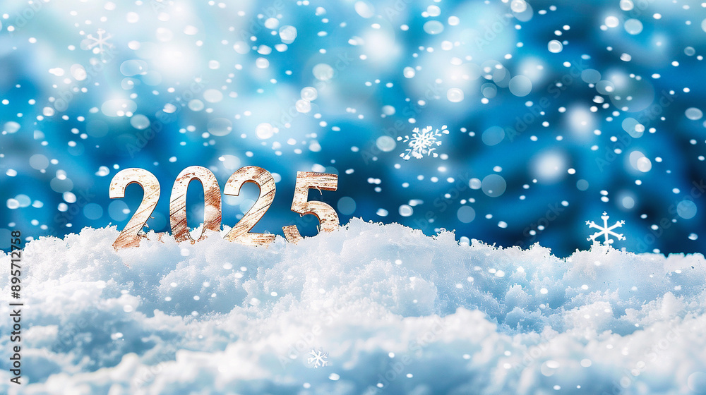 Wall mural happy new year 2025 with snow and bokeh effect.