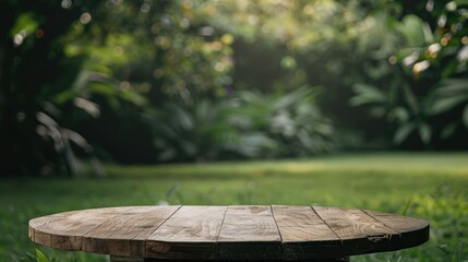 Fototapeta premium Rustic wooden podium in a farm scene, set against green grass and a garden background, perfect for showcasing food products