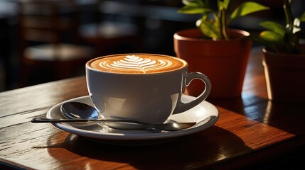 Fototapeta premium Coffee in brown cup on wooden table in cafe