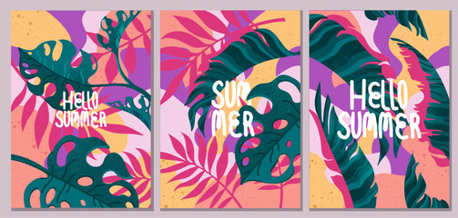 Summer bright cards set with abstract tropical leaves. Editable vector templates with exotic nature elements for poster,  cover, banner, card, summer sale, branding.