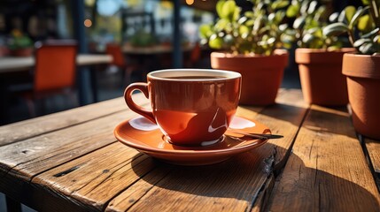 Coffee in brown cup on wooden table in cafe