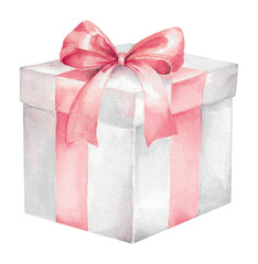 Watercolor white gift box with pink ribbons bow. Realistic hand drawn watercolor illustration