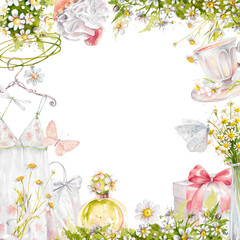Watercolor women items and daisies elegant frame. Hand drawn watercolor illustration on white