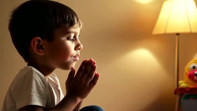 Toddler boy kneeling on the bedroom floor at night, eyes closed, praying with hands clasped together. Seeking protection and forgiveness in a serene indoor setting