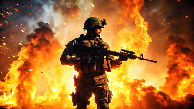 Silhouette of a modern infantry soldier, an elite army fighter in tactical ammunition and a helmet, standing with an assault rifle in his hands against the background of a fiery explosion