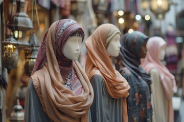 A display of modern Islamic fashion items showcased on elegant mannequins