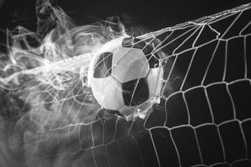 Dynamic black and white image of a soccer ball hitting the net. Powerful impact captured in stunning detail. Ideal for sports promotions or motivational content. Generative AI