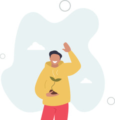 friendly character man waving his hand and holding a young Sprout in his hand.environment concept.flat design.illustration with people.