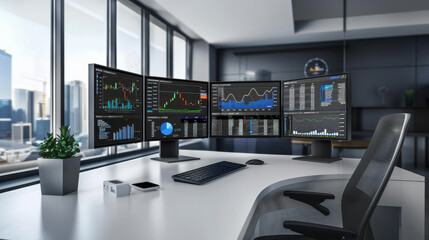 A modern office setting with multiple monitors displaying financial charts, graphs, and business intelligence data.