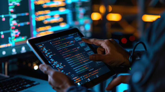 A network administrator coding intricate binary scripts on a tablet to refine a neural network simulation, with a focus on interconnected nodes and AI model upgrades - Powered by Adobe