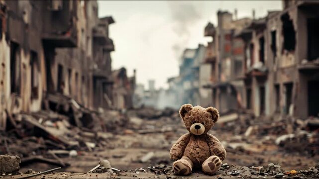 Children's teddy bear symbolizes war conflicts in a banner. 
