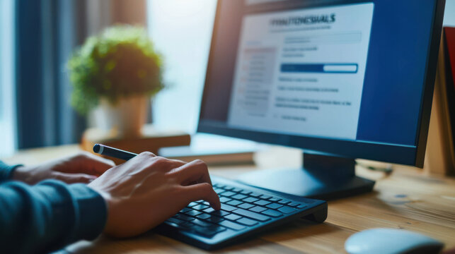 A person using a desktop computer to fill out an online registration form, focusing on the fields for personal details.