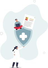 Health insurance.Doctor offering medical insurance policy contract..Patient holding insurance ID card.flat design.illustration with people.