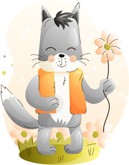 Children cute poster with cartoon gray wolf