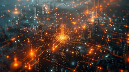 Obraz premium Futuristic cityscape with glowing network generative ai