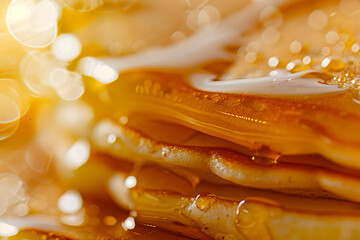 Close-Up of Classic Breakfast Pancake Stack with Maple Syrup Framed by Artistic Abstract Background 