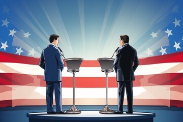 Two silhouettes of political candidates engage in a debate on stage with an American flag backdrop, showcasing a symbolic confrontation