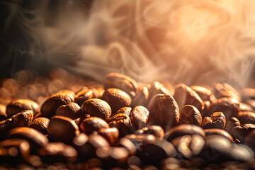 Close-Up of Freshly Roasted Coffee Beans with Artistic Light Highlights Set Against Abstract Coffeehouse Background 