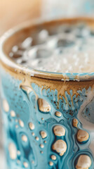 Fototapeta premium Macro Shot of Modern Ceramic Mug with Unique Glaze Set Against Abstract Coffee Time Background 
