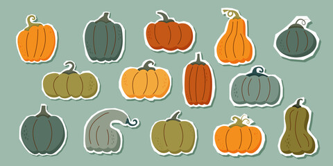 Happy harvest. Set of pumpkins. Autumn pumpkins stickers isolated. Autumn, harvest, Thanksgiving and Halloween concept.