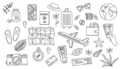 Travel set. Travel concept. Set of travel objects. Hand drawn doodle illustration. © Julia Anisimova