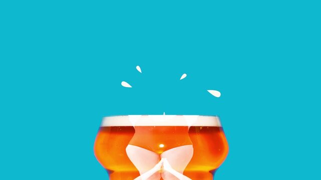 Three black-and-white women in swimsuits and swim caps stand on glass with lager foamy beer. Banner. Stop motion, animation. Concept of summer, vacation, relaxation. Retro style. Creative design