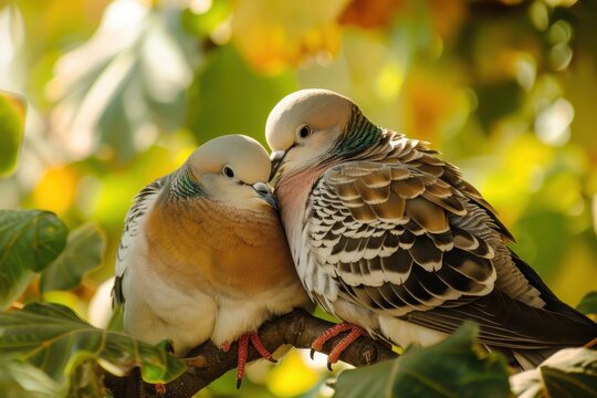 A charming picture of a pair of turtle doves nestled together on a leafy branch. 