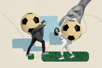 Creative collage picture young woman man carry soccer ball football game players tournament competition match team drawing background © deagreez