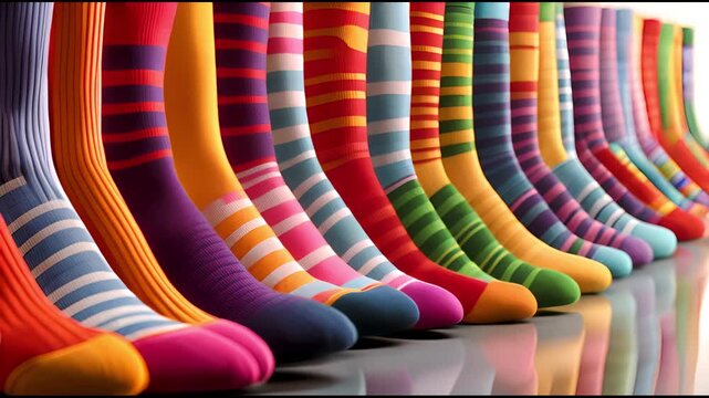 Collection of variety of Bright multi-colored Socks displayed at a counter in row.