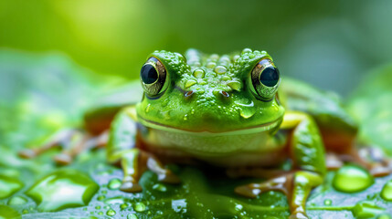 Obraz premium Close-up of a small, beautiful green frog, an amphibian, standing on a lily pad or leaf floating on water in the wild, in a tropical forest or lake, swamp, or river animals and biology, wild zoology, 