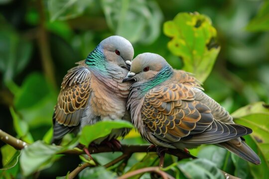 A charming picture of a pair of turtle doves nestled together on a leafy branch. 